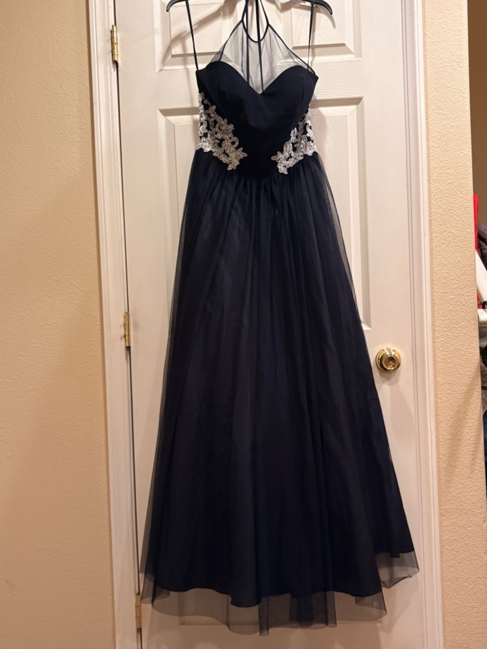 Navy Tulle Evening Gown with Silver Appliqué